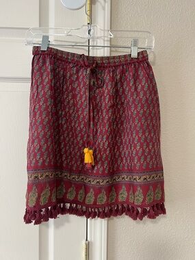 RAGA Anthropologie Boho Tassel Mini Skirt Red Print Size Small